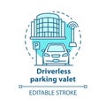 Driverless parking valet concept icon. Smart parking technology. City car-park. Stand for robotic vehicles idea thin