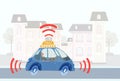 Driverless taxi car rides around town. Vector illustration.