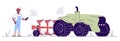 Driverless tractor flat vector illustration. Autonomous agricultural machinery outline concept. Farmer character control