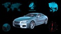 Driverless vehicle, autonomous sedan car on black background with infographic data, 3D render