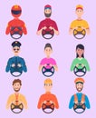 Drivers. Avatars people holding driving wheel racing helmet bus and taxi drivers traffic characters exact vector persons