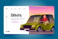 Drivers banner with man sitting in green car