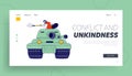 Drivers Conflict, Road War Landing Page Template. Man Sitting in Military Tank Armored with Pitchfork. Accident on Road