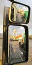 Drivers eye view of Southampton docks UK with cranes unloading shipping containers