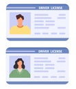 Drivers id card. Woman and man driving licences with photo. Flat plastic identity document icon. Personal driver badges vector