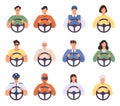 Drivers. Man and woman driving car icons. Taxi cab driver and passenger, courier, police and elderly person with wheel. Chauffeur