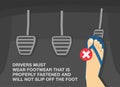 Drivers must wear footwear that is properly fastened and will not slip off the foot. Male feet wearing flip flop on gas pedal.