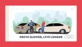 Drivers Suffered in Traffic Jam. Landing Page Template. Car Accident on Road, Couple of Male Character Stand on Roadside