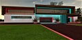 Driveway to the illuminated garage of the modern suburban dwelling at night time. Red glowing border with brick pavement. 3d