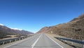 Driving along mountain asphalt road Chuysky Tract along Kurai Ridge and river Chuya on Altai betveen Kosh-Agach and Kurai