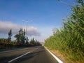 Driving asphalt road with reeds in Greece, Europe Royalty Free Stock Photo