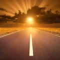 Driving on asphalt road at sunset towards the sun IV Royalty Free Stock Photo