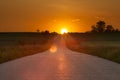 Driving on an asphalt road towards the setting sun Royalty Free Stock Photo