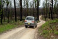 Driving through burnt forest to reach burnt out homes and properties