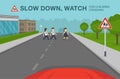 Driving a car. Children crossing ahead warning road sign. School children crossing the road. Royalty Free Stock Photo