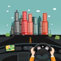 Driving car design - hands on steering wheel, gps navigation and cars on asphalt road, city on background Royalty Free Stock Photo