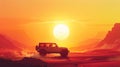 Driving a car down a desert or canyon road at sunset with a beautiful red orange sky and the sun starting to set behind Royalty Free Stock Photo