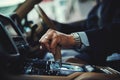 Driving, car and gear with hand of man for manual, transportation and engine. Luxury, test drive and safety with closeup Royalty Free Stock Photo