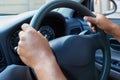 Driving, car and hand of person on steering wheel for travel, road trip and transportation. Driver, relax and man in Royalty Free Stock Photo