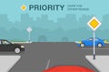 Driving a car. Main or priority road sign rule. Cars on crossroad. Royalty Free Stock Photo