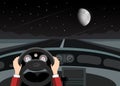 Driving Car on Night with Empty Road, Stars and Moon Royalty Free Stock Photo