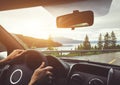 Driving car, roadtrip, hands of driver on steering wheel Royalty Free Stock Photo