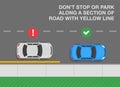 Outdoor parking rules and tips. Do not stop or park along a section of road with yellow line. Top view of correct and incorrect.