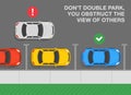 Outdoor parking rules and tips. Do notdouble park, you obstruct the view of other drivers. Top view of correct and incorrect. Royalty Free Stock Photo