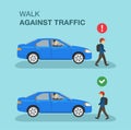 Driving a car. Pedestrian safety rules and tips. Walk or run against traffic.