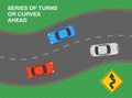 Driving a car. Safe driving and traffic regulation rules. Series of turns or curves on the road ahead sign.