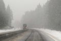 Driving car in snow storm on highway. Dangerous driving conditions Royalty Free Stock Photo