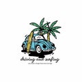 Driving a car and surfing, vector vintage illustration logo