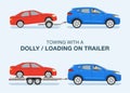 Towing an open car hauler trailer with vehicle on it. Side view of a red sedan car and blue suv car. Types of trailers. Royalty Free Stock Photo