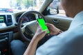 Driving car and using phone. Distracted driver texting with mobile cellphone. Irresponsible man checking message with smartphone Royalty Free Stock Photo