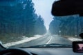 Driving a car on winter road in blizzard Royalty Free Stock Photo