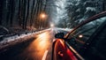 Driving on car on winter road at night Royalty Free Stock Photo