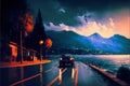 driving on coast road on Lake Garda in showers near sunset