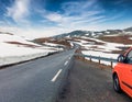 Driving on the famous Aurlandsvegen - Mountain road Bjorgavegen, Aurland in Sogn og Fjordane county, Norway. Beautiful summer Royalty Free Stock Photo