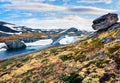 Driving on the famous Aurlandsvegen - Mountain road Bjorgavegen, Aurland in Sogn og Fjordane county, Norway. Beautiful summer Royalty Free Stock Photo