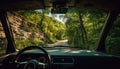 Driving through the forest, a car speeds towards nature adventure generated by AI Royalty Free Stock Photo