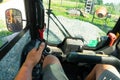 Driving a forklift. The cab of the truck through the eyes of the operator. The job of a forklift on a construction site Royalty Free Stock Photo