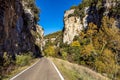 Driving through Foz de Arbayun canyon of Salazar River in the Pyrenees in Spain Royalty Free Stock Photo