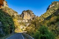 Driving through Foz de Arbayun canyon of Salazar River in the Pyrenees in Spain Royalty Free Stock Photo