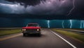 on the highway, trying to get home before the storm hit. He saw the dark clouds looming in the lightning Royalty Free Stock Photo