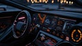 Driving innovation futuristic car dashboard design urban setting digital display nighttime view technology concept Royalty Free Stock Photo