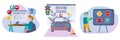 Driving lesson illustration set. People studying in driving school and passing exams. Traffic rules. Road signs