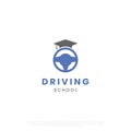 driving lesson logo, driving school logo, steering wheel combine with graduation hat logo concept