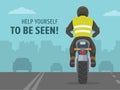 Driving a motorcycle. Safety bike ride on road. Help yourself to be seen. Biker wears safety jacket vest.