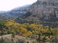 Highway Rock Wall, River and Golden Aspens