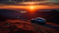 Driving off road, chasing the sunset on a mountain adventure generated by AI Royalty Free Stock Photo